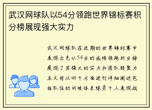 武汉网球队以54分领跑世界锦标赛积分榜展现强大实力
